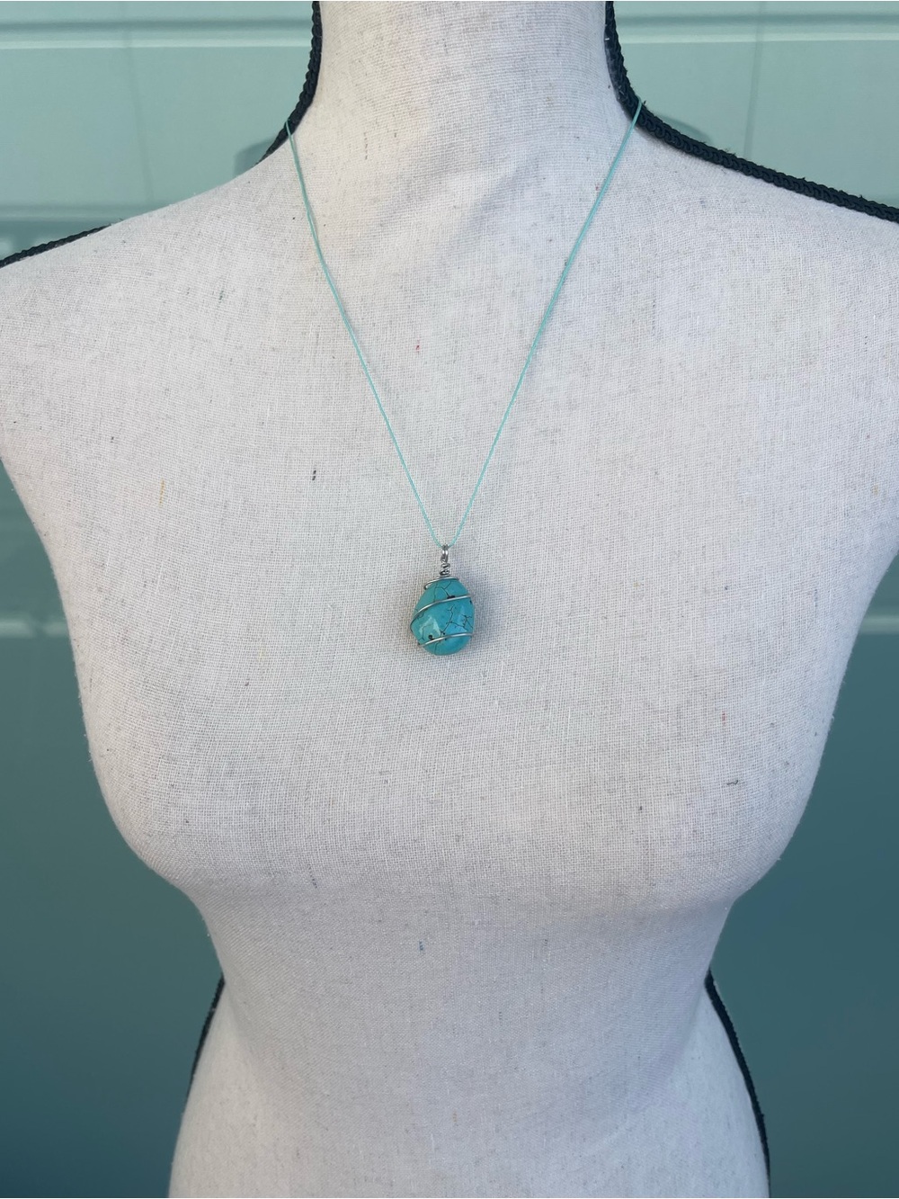 Turquoise Dyed Howlite Stainless Steel Wire-Wrap Necklace on Aqua Nylon Cord - Picture 3 of 4